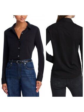 Theory Riduro R Sorena Slub Pima Cotton Button Up Shirt Long Sleeve Black Size M